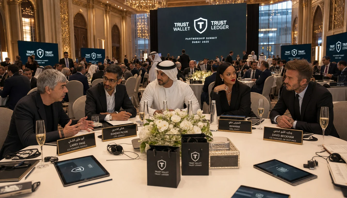 TrustWalletLedger Partnership Summit Dubai 2025 with leaders from technology, entertainment, and sport seated together around the table