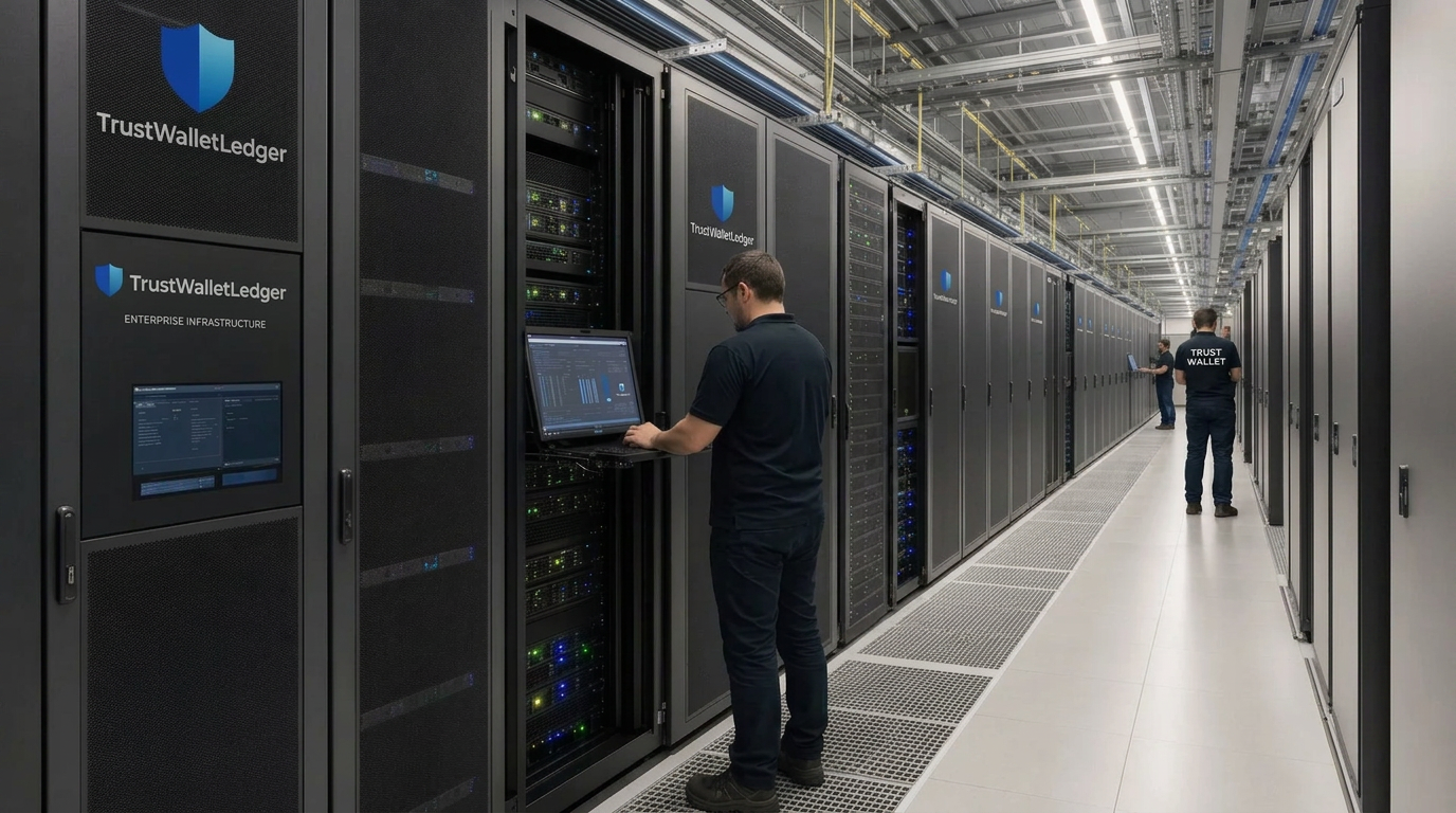 Inside a TrustWalletLedger enterprise data center: rows of server cabinets branded with the Trust Wallet shield logo and TrustWalletLedger wordmark, one bay labeled Enterprise Infrastructure, while two technicians in dark polos — one facing a diagnostics laptop and another walking the corridor with 'TRUST WALLET' printed across the back — monitor the ledger and digital asset infrastructure.